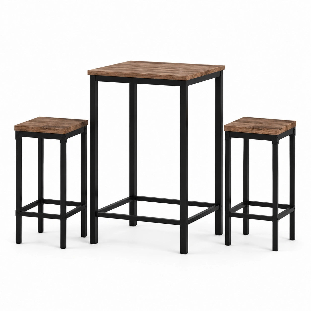 Bartisch-Set aus Kiefernholz und Stahl, Braun/Schwarz, 3-teilig