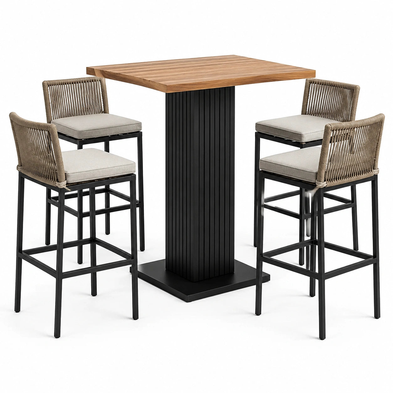Rechteckiges Bartisch-Set aus Teakholz mit schwarzem Aluminiumgestell und 4 Barhockern mit Seilbespannung