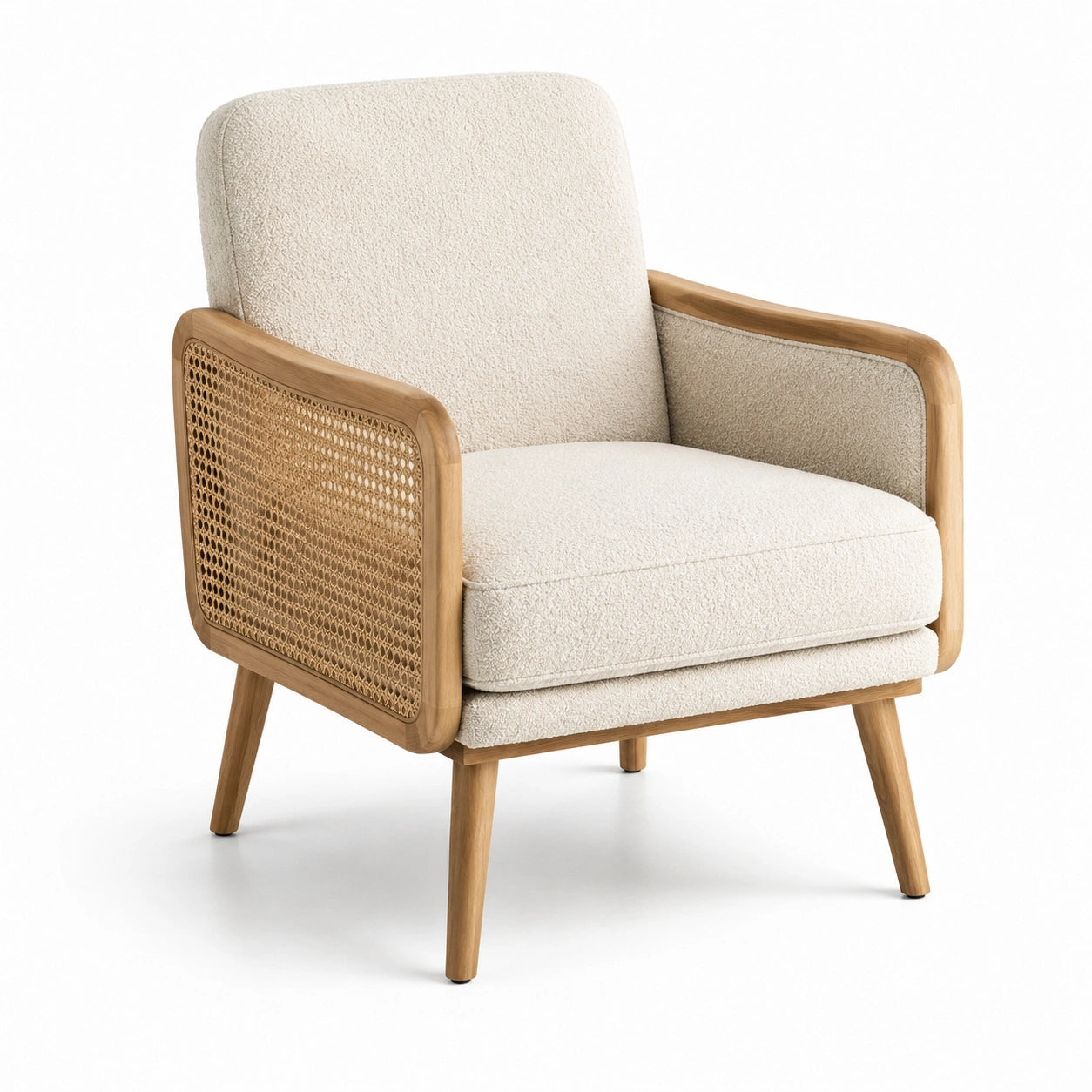 Sessel mit Holz- und Rattanrahmen, Polyester in Beige
