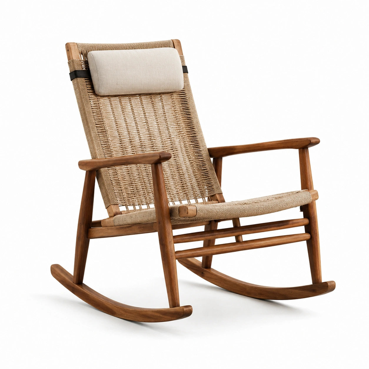 Holzschaukelstuhl mit Rattan und Kissen, Beige